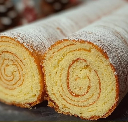 Light and fluffy sponge cake rolled for a festive Bûche de Noël, perfect for creating a traditional French Christmas dessert with cream or mousse filling.