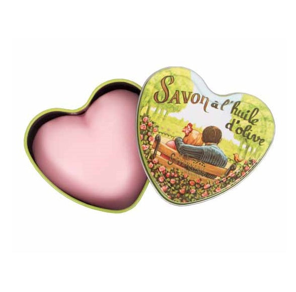 Heart-shaped tin featuring Rose Soap by La Savonnerie de Nyons, designed by Luc Mazan, with elegant French-inspired artwork.