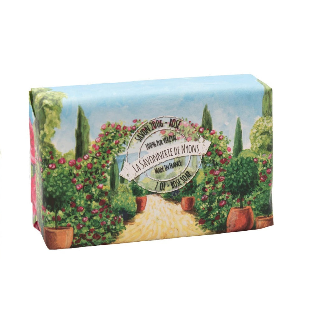 La Savonnerie de Nyons Rose Soap, 200g, with Provence-inspired watercolor packaging, enriched with shea butter and Nyons olive oil.