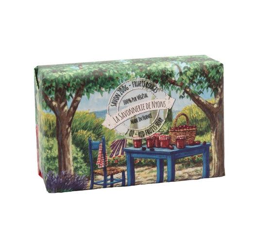 La Savonnerie de Nyons Red Fruits Soap, 200g, with Provence-inspired watercolor packaging, enriched with shea butter and Nyons olive oil.