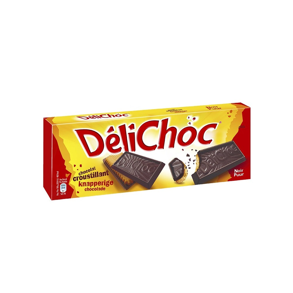 Indulge in the sophisticated pleasure of Delacre Delichoc Dark Chocolate, where the intensity of premium dark chocolate enrobes each crispy biscuit in a sumptuous embrace. Crafted for the true chocolate connoisseur, Delichoc Dark Chocolate offers a deep, cocoa-rich experience that balances perfectly with its delicate biscuit base. 