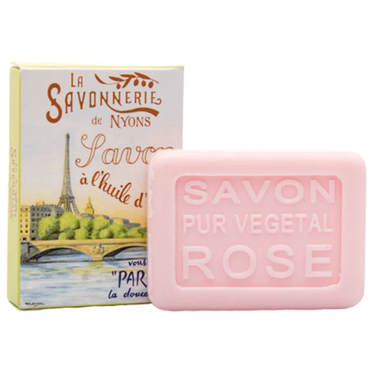 La Savonnerie de Nyons Guest Soap Paris Seine River, Rose Scented, 25g, with Eiffel Tower and Seine River artwork by Luc Mazan.