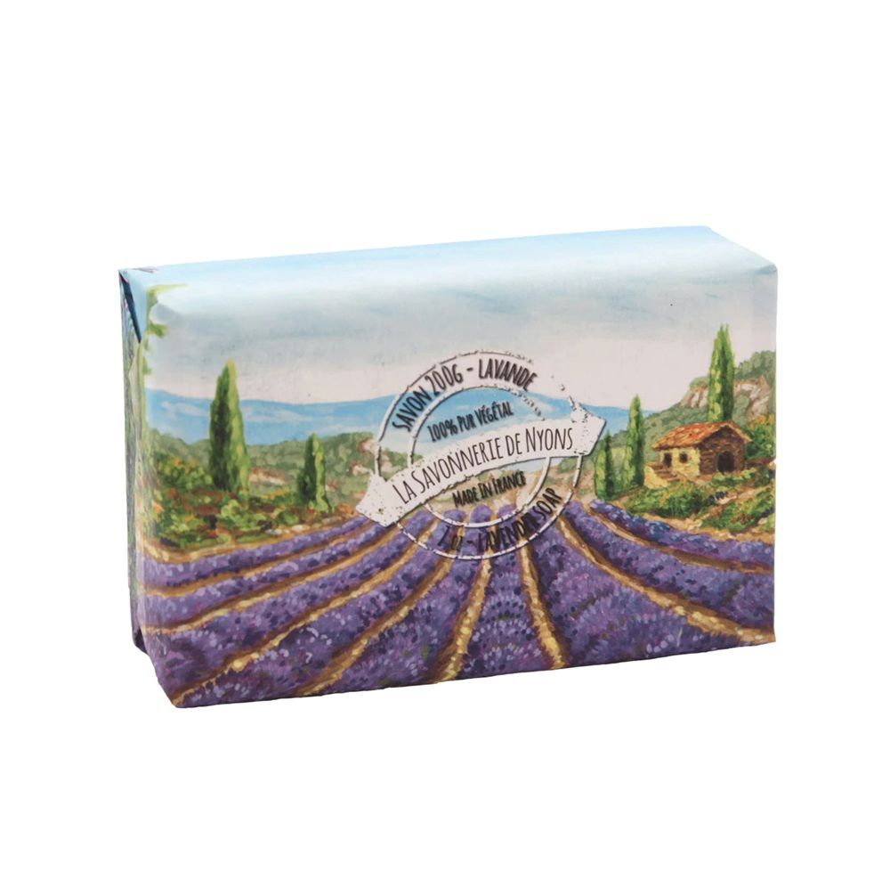 La Savonnerie de Nyons Lavender Soap, 200g, enriched with shea butter and olive oil, featuring Provence-inspired packaging with a lavender design.