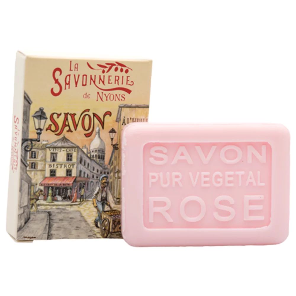 La Savonnerie de Nyons Guest Soap Montmartre, Rose Scented, 25g, with vintage Montmartre artwork by Luc Mazan.