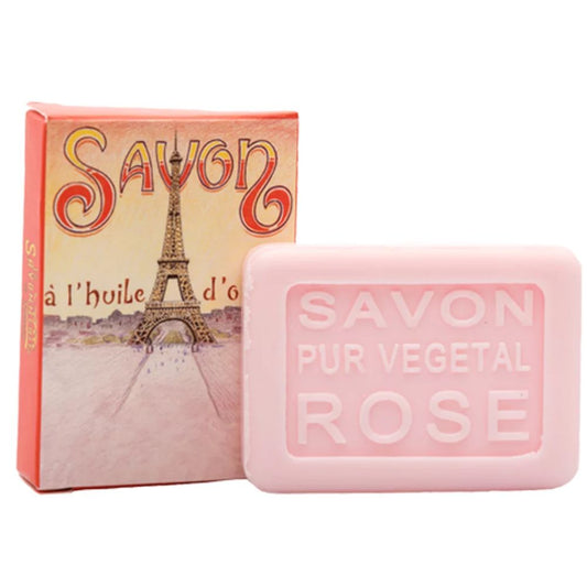 La Savonnerie de Nyons Guest Soap Eiffel Tower, Rose of May Scented, 25g, featuring an Eiffel Tower illustration by Luc Mazan.