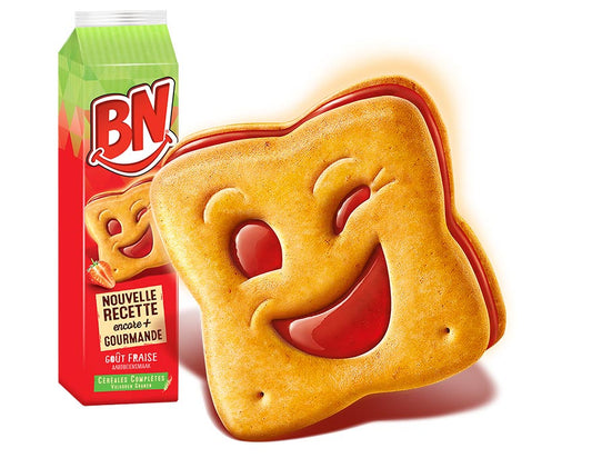 BN strawberry, a legendary smile, a delicious strawberry between two cereal biscuits, all in a reclosable package to crisp longer: it's the ideal snack.