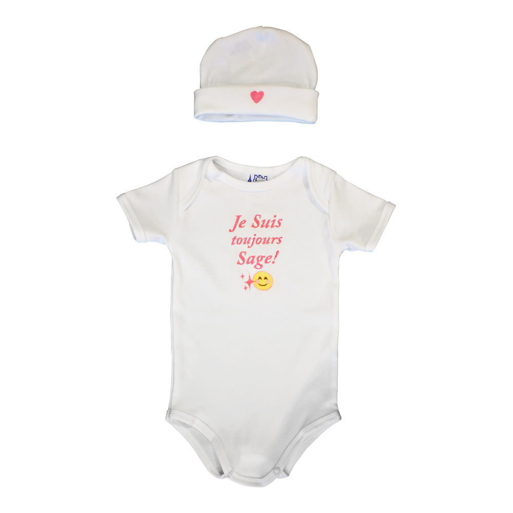 Le Panier Francais Set Baby Cap and Body " Je Suis Toujours Sage "Pink