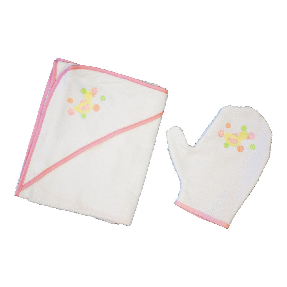 Le Panier Francais Embroidered Bath Towel with a Hood and a Glove Pink