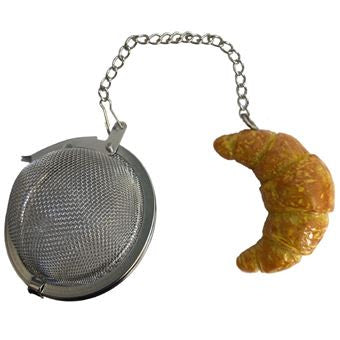 A fancy tea ball that has a miniature "croissant" made out of a metallic resin attached to the end of its chain. Because it is made of stainless steel, it will be appropriate for the brewing of any and all varieties of tea.