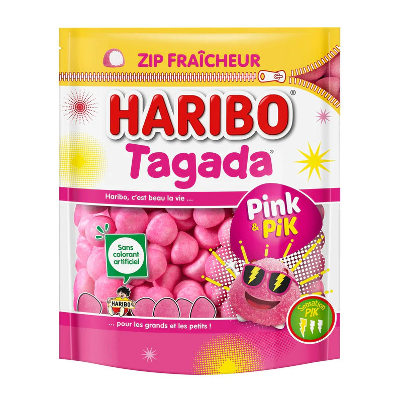 The new TAGADA 210g/7.4oz bag with its cool resealable zip will keep your TAGADA fluffy for a longer period of time!
Above all, let yourself be seduced by the intense and melting flavor of Tagada Pink strawberries!